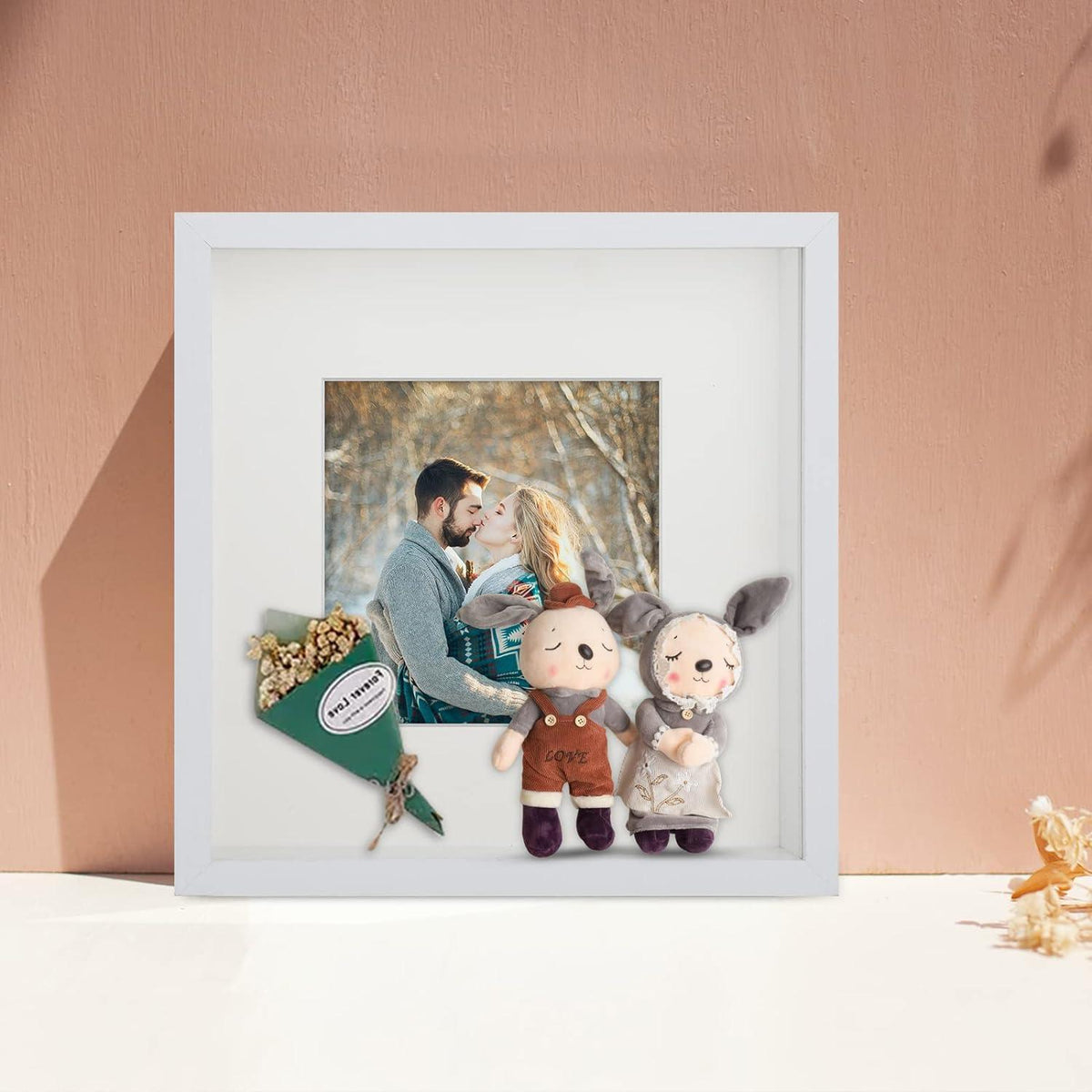 3D Bilderrahmen Set mit Echtglas, zum Befüllen - Weiß Beige 23x23 cm