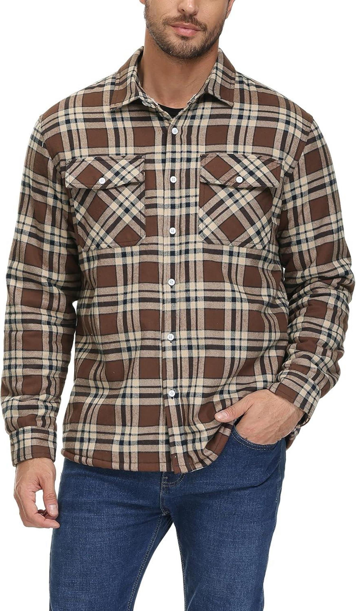 Gefütterte Herren Winterjacke Kariert mit Taschen Braun