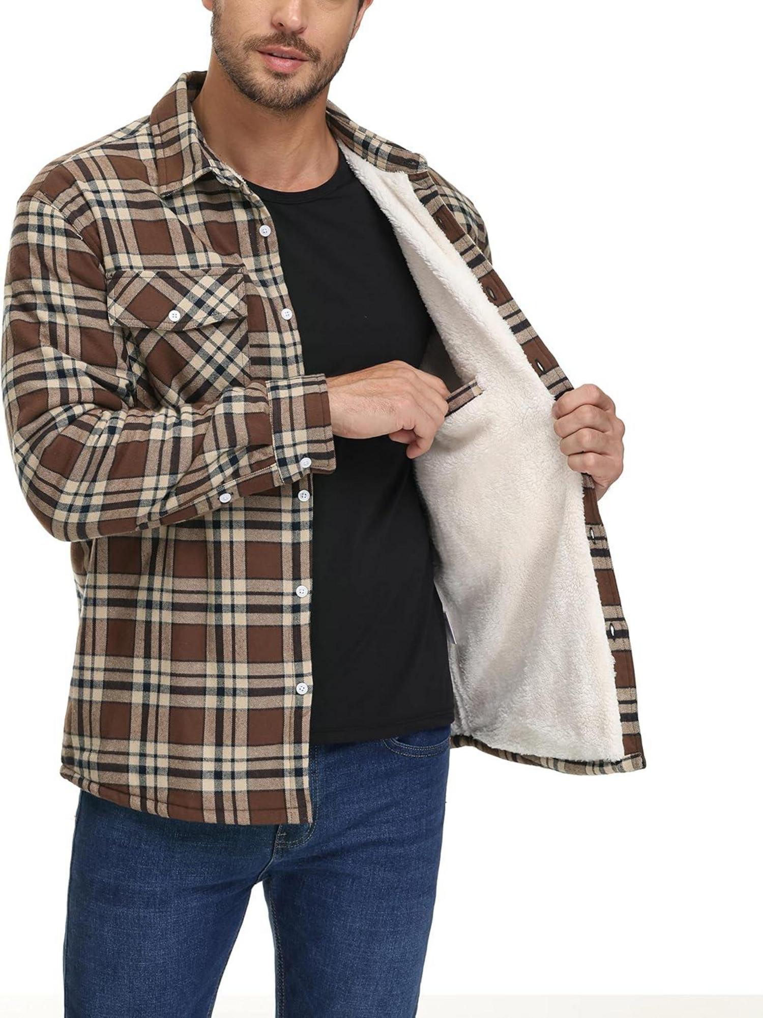 Herren Winterjacke Gefüttert Thermo Kariert Multi Taschen Baumwolle Braun