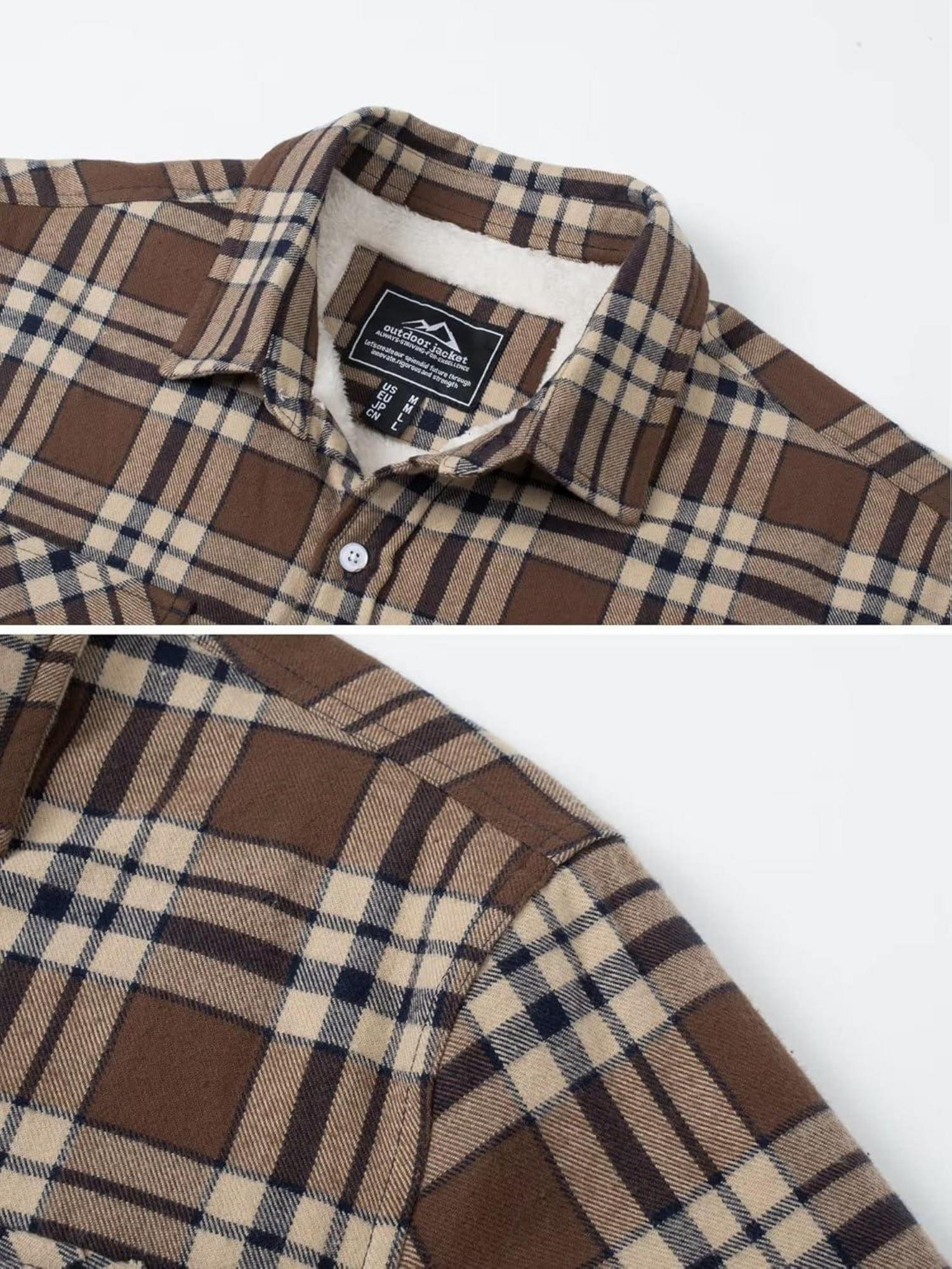 Herren Winterjacke Hemd Gefüttert Thermo Kariert Freizeithemd Braun