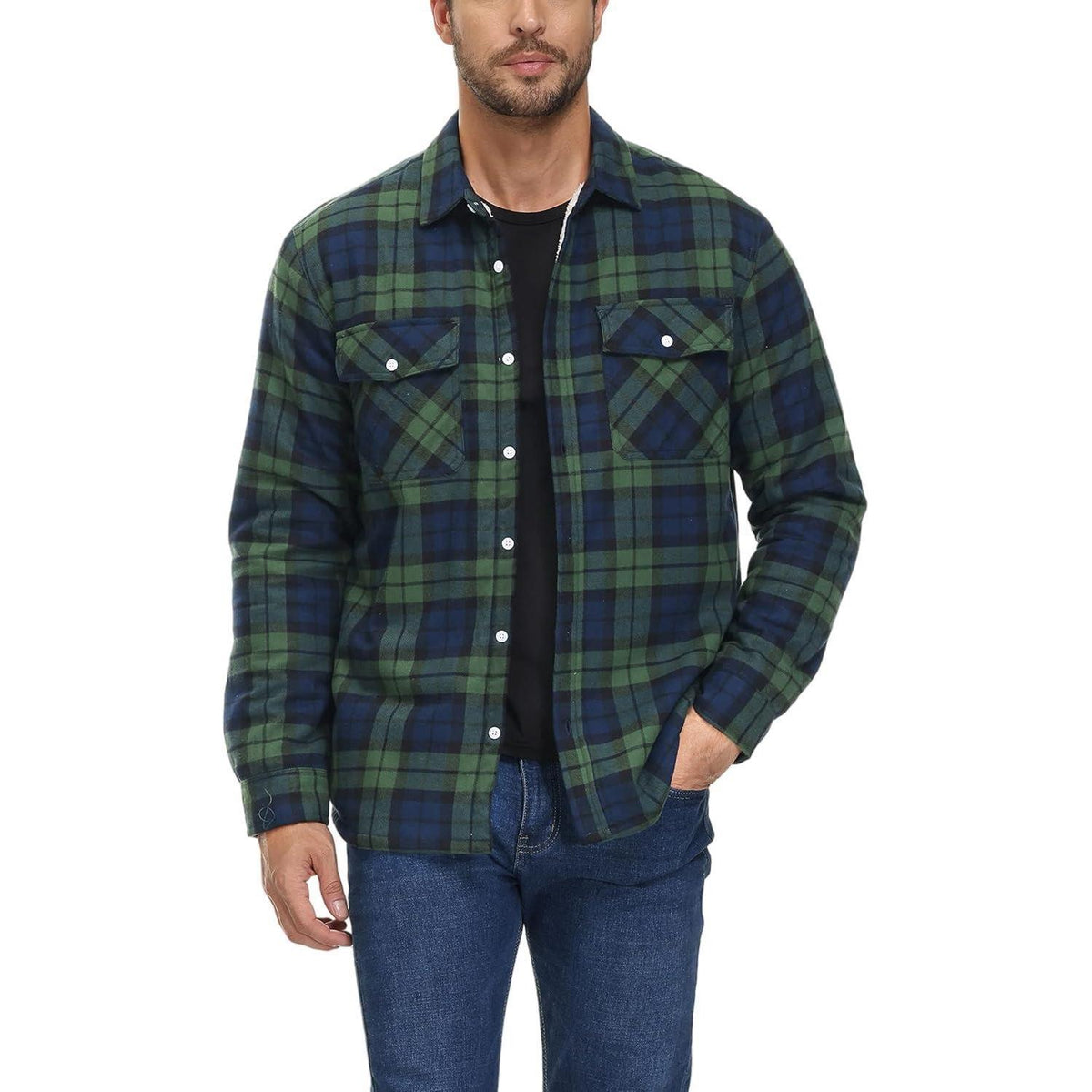 Herren Winterjacke Hemd Kariert Gefüttert Baumwolle Grün 3XL
