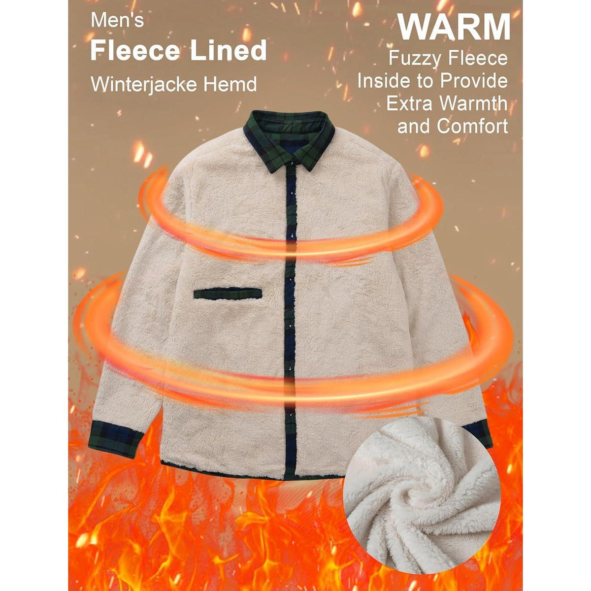 Herren Winterjacke Hemd Kariert Gefüttert Grün
