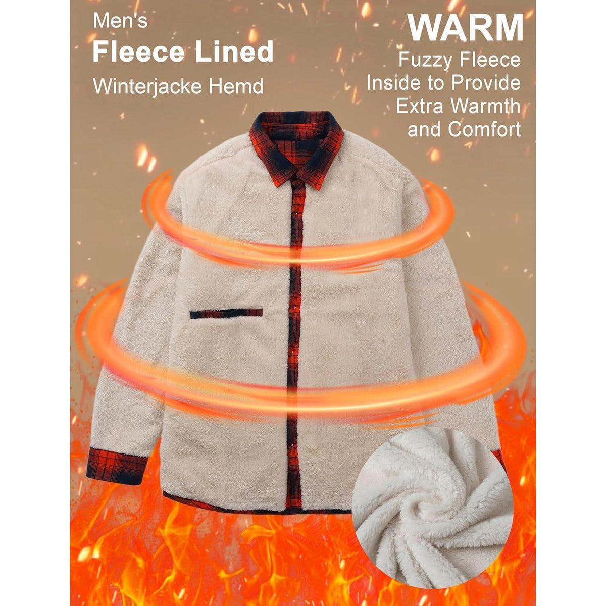 Herren Winterjacke Hemd Kariert Gefüttert Baumwolle Orange 3XL