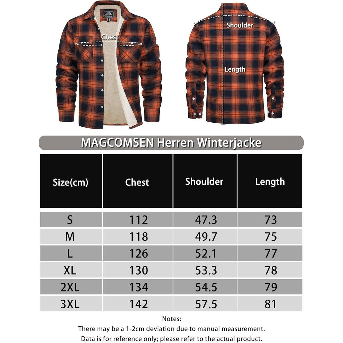 Herren Winterjacke Hemd Kariert Gefüttert Orange XXL