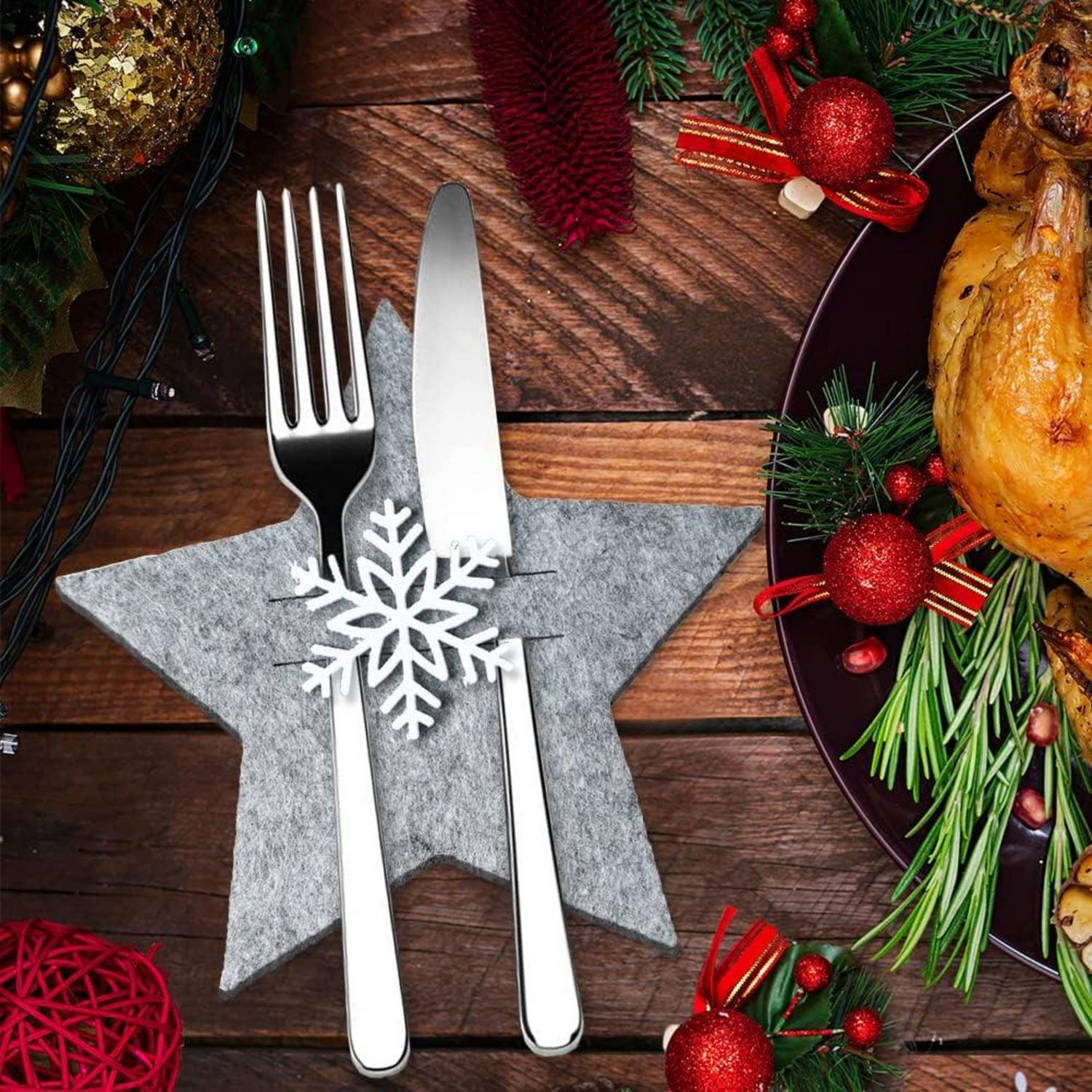 12x Stern Besteckhalter Weihnachten Filz Tischdeko Grau
