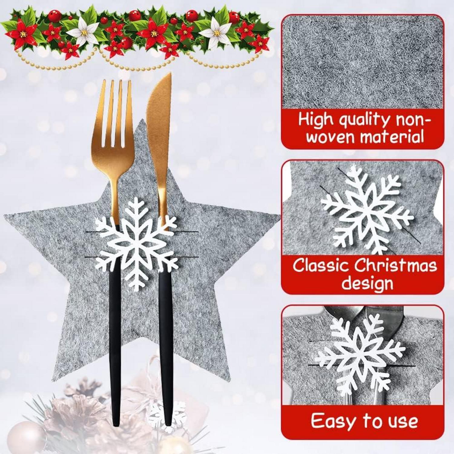 12er Set Weihnachts Besteckhalter Filz Stern Tischdeko Grau
