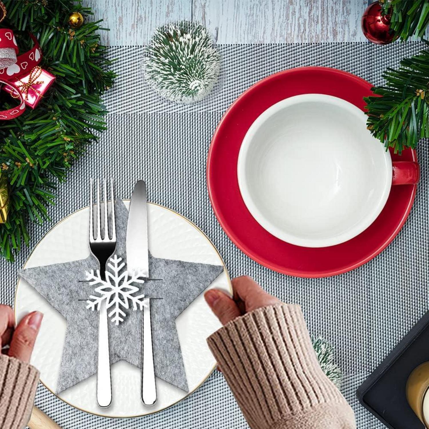 Weihnachten Besteckhalter Filz Stern Grau 12 Stück Tischdeko