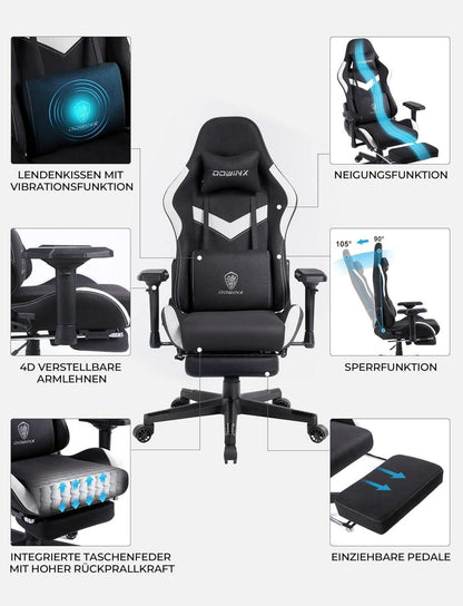 Ergonomischer Gaming Stuhl mit Massage und Fußstütze, 4D-Arm Design