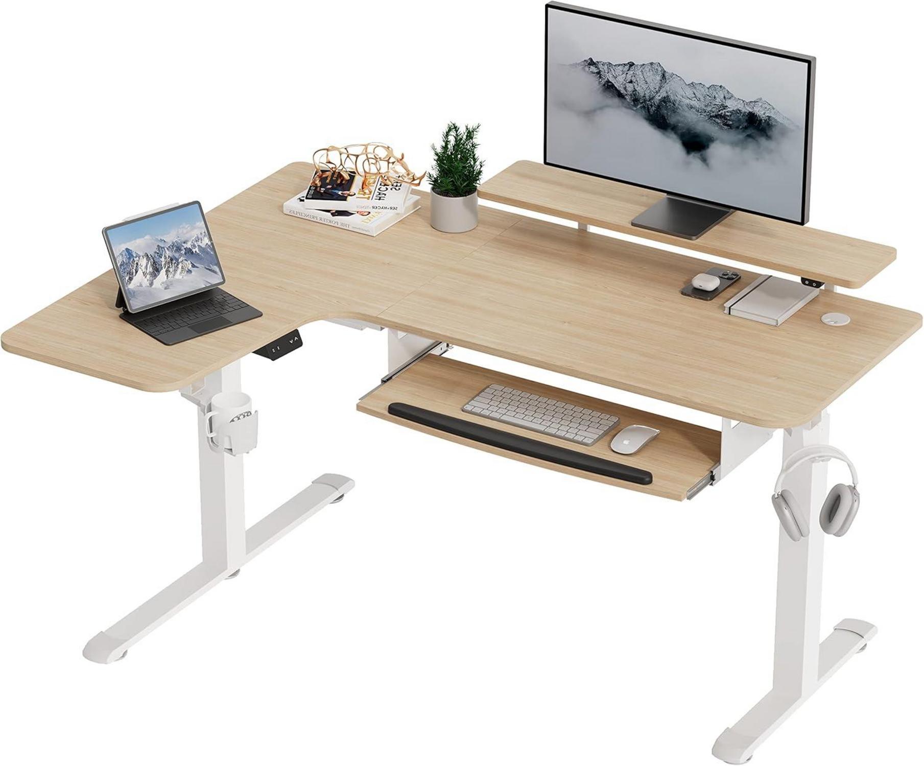 Höhenverstellbarer Schreibtisch L-Form LED Tastaturablage