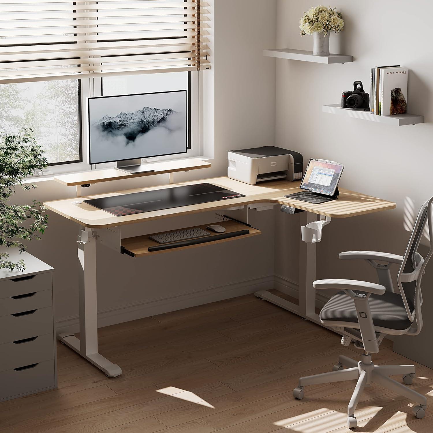 Höhenverstellbarer L-Form Schreibtisch LED Tastaturablage