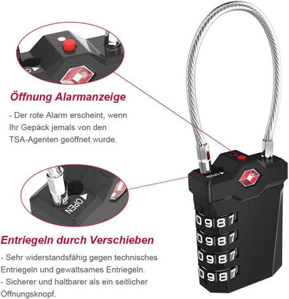TSA Zahlenschloss für Koffer, 4 Stellig, Gelb, Alarmanzeige, Draht, Reise