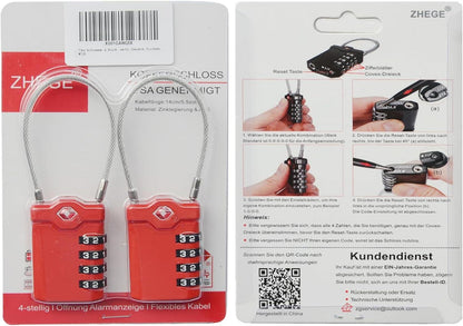 TSA Zahlenschloss Koffer 4 Stellig Kabelschloss 2er Set Rot