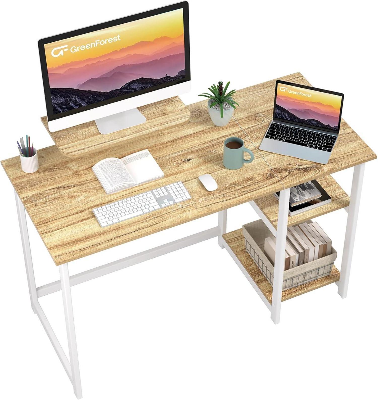 Kleiner Schreibtisch mit Stauraum und Monitorständer 100cm Beige