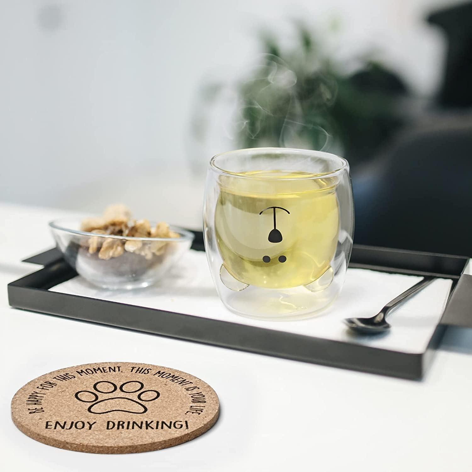 Doppelwandige Bären-Glasbecher mit Glastassen-Set und Korkuntersetzer