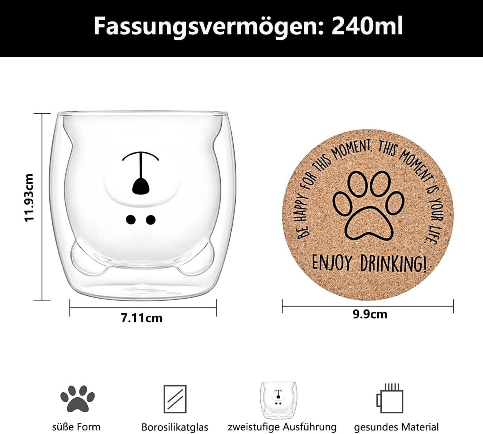 Joymaking Süße Bären Thermogläser mit Untersetzer - Doppelwandig für Cappuccino und Tee