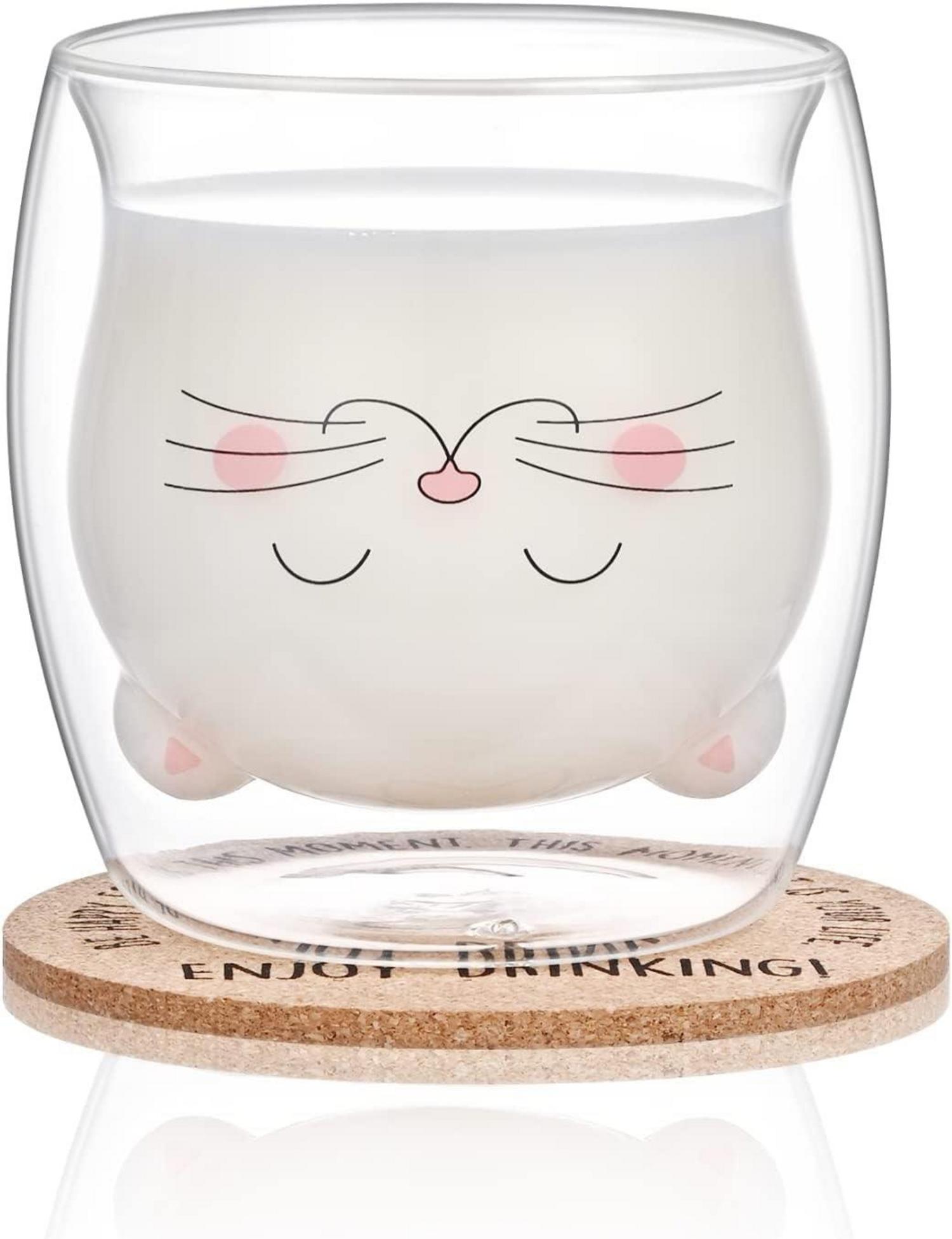 Süße Katze Doppelwandige Glasbecher mit Untersetzer - Geschenkidee für