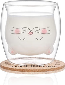Süße Katze Doppelwandige Glasbecher mit Untersetzer - Geschenkidee für