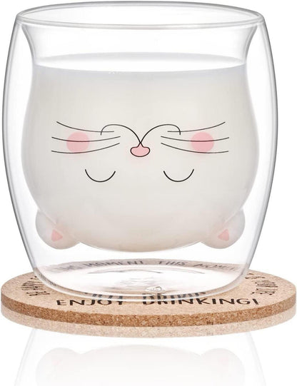 Süße Katze Doppelwandige Glasbecher mit Untersetzer - Geschenkidee für