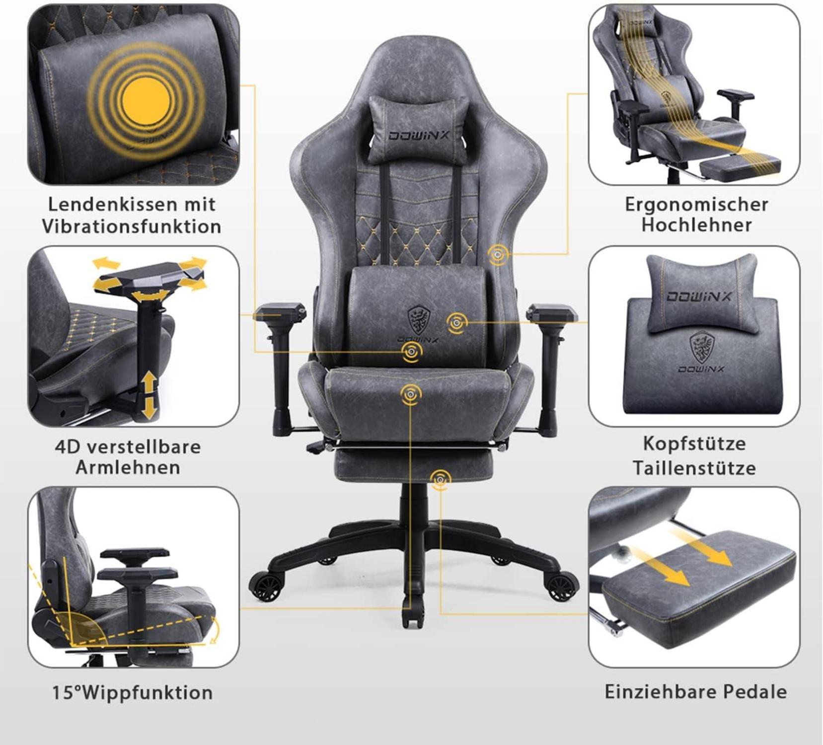 Dowinx Gaming Stuhl Ergonomisch mit Massage Lendenwirbelstütze Bürosessel