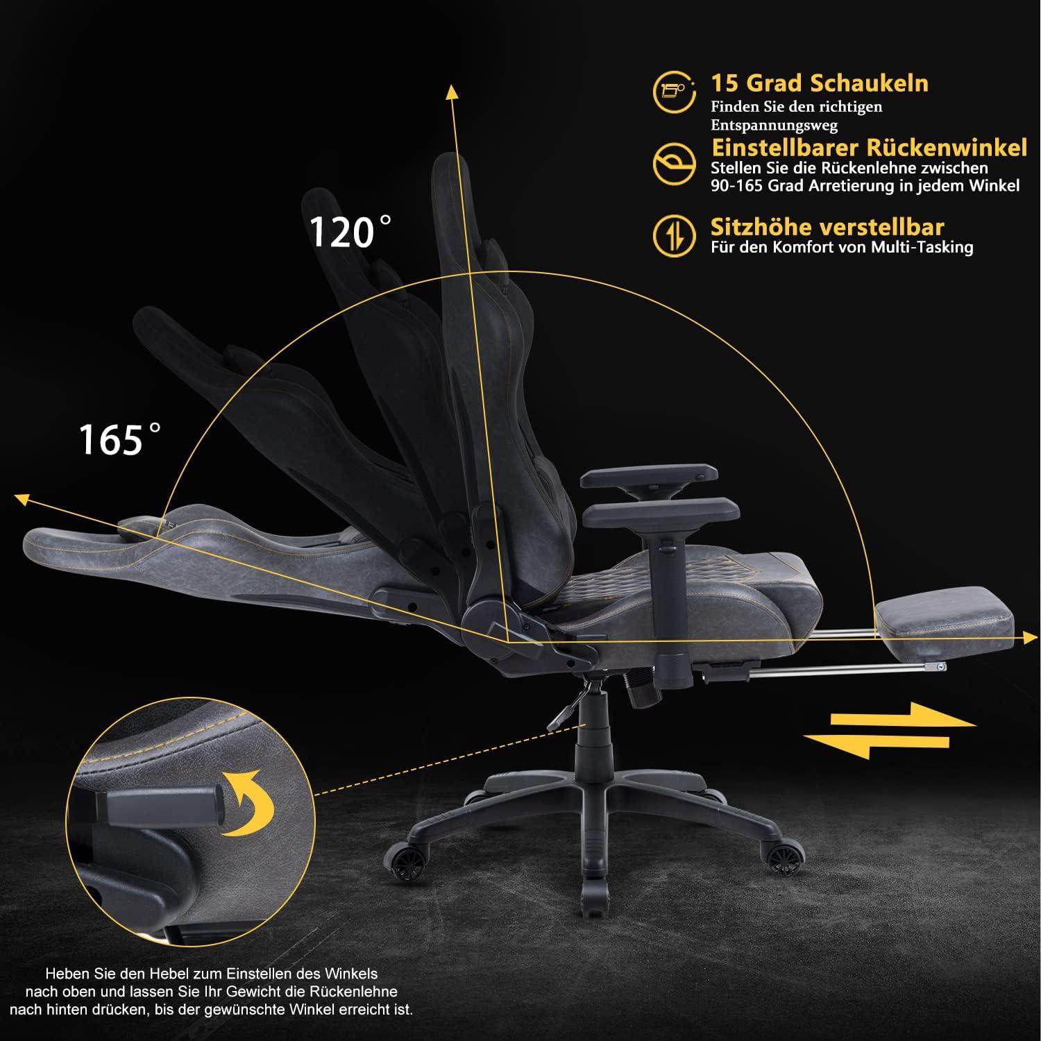Dowinx Gaming Stuhl Ergonomisch Rennstil, Massage Lendenstütze, Computer Bürosessel PU-Leder Fußstütze