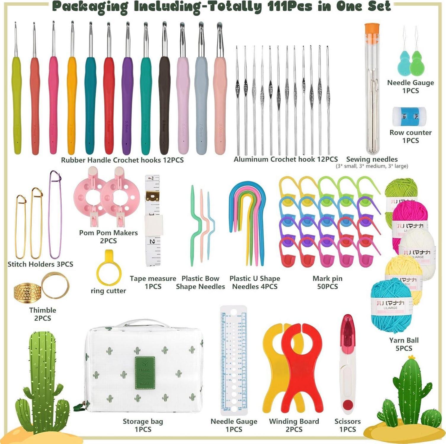 YINVA Häkelnadel Set 111 Stück Ergonomische Häkelnadeln Crochet Set Strickzeug mit Aufbewahrungstasche - Rosa