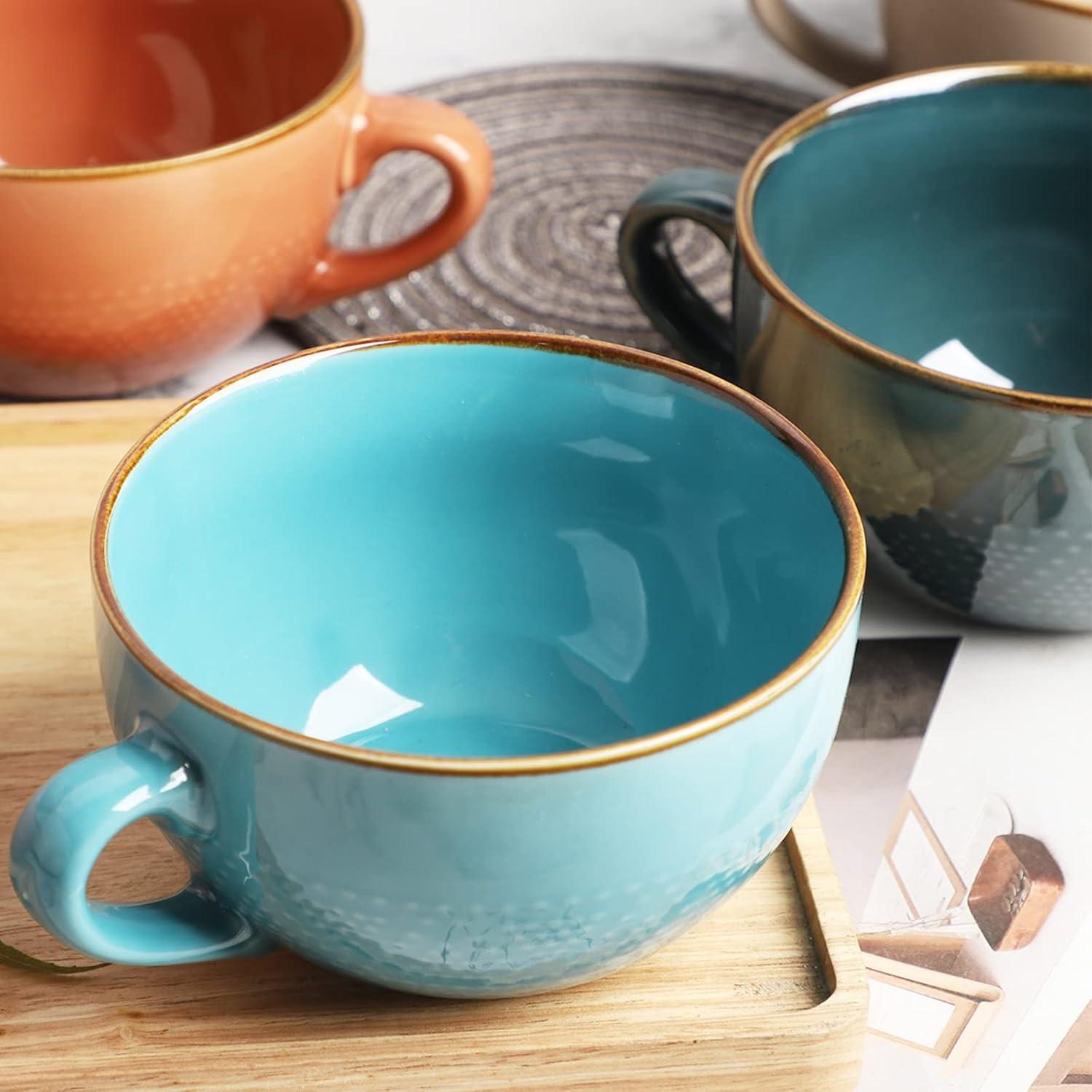 Große Kaffeetasse Keramik 700ml blau Suppen-Teebecher Henkel Tasse