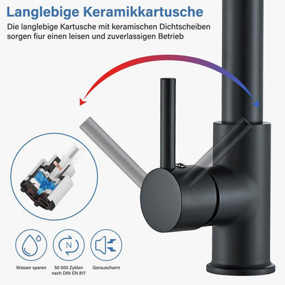 Niederdruck Küchenarmatur Schwarz, Herunterziehbare Brause 360°