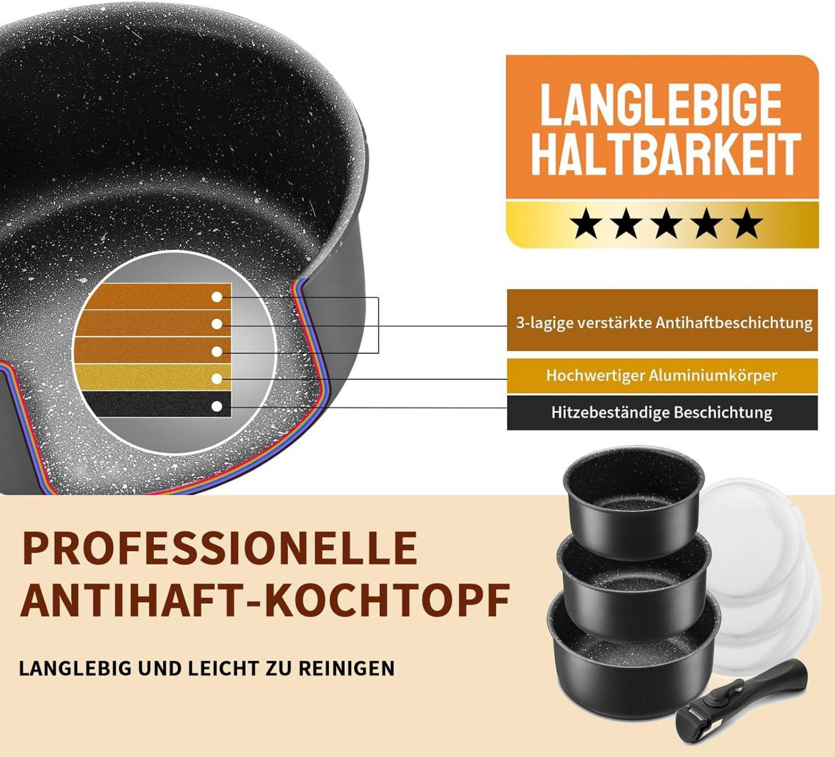 7tlg Kochtopfset mit abnehmbarem Griff | Antihaftbeschichtet