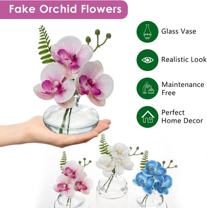 Künstliche Orchideen 3er Set Deko Kunstblumen Glasvase Wohnzimmer Büro