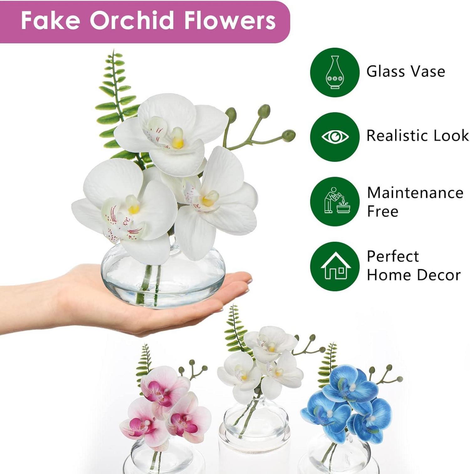 Künstliche Orchideen Set Künstliche Deko Blumen mit Glasvase 3er Set