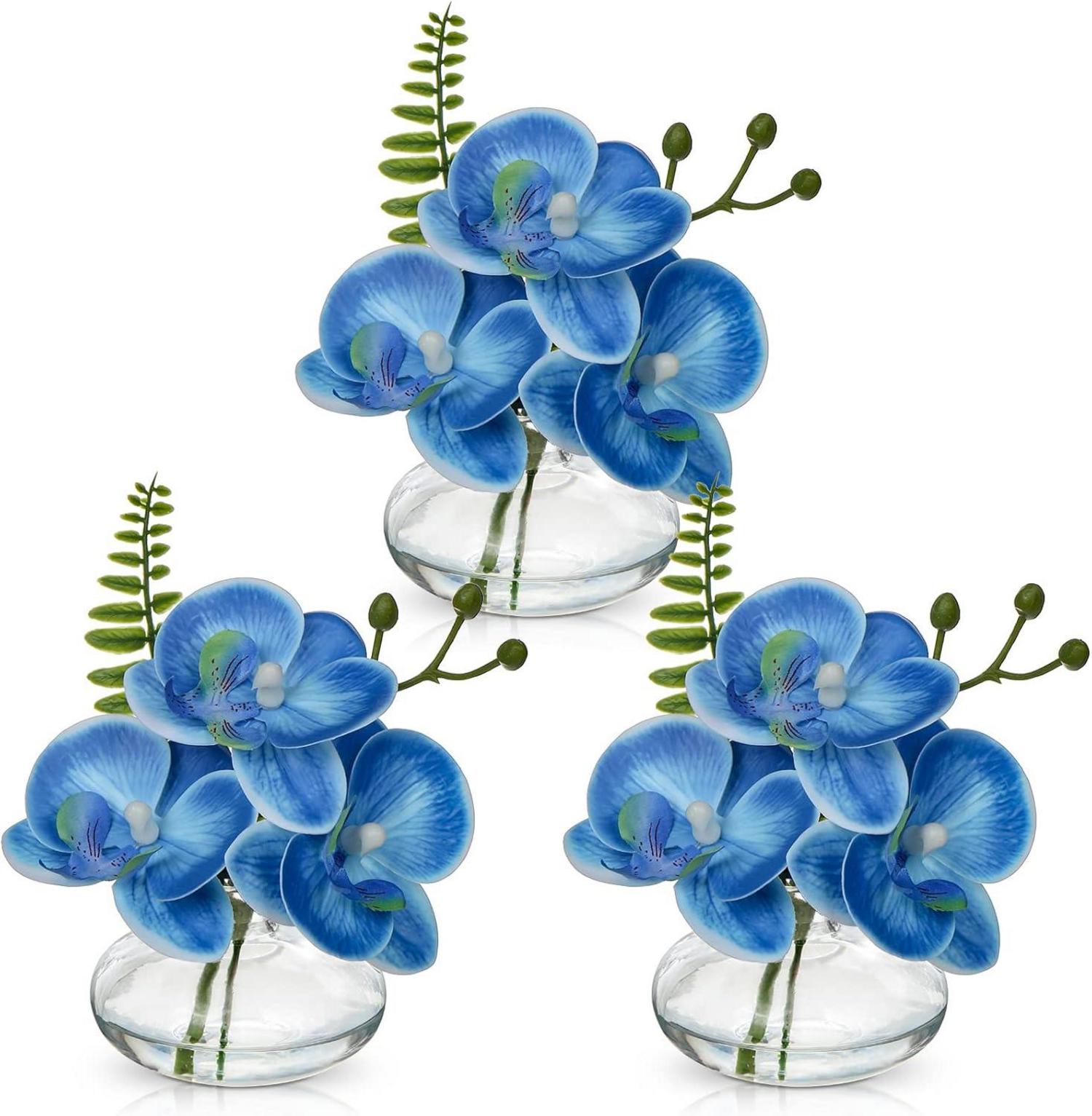 Künstliche Orchideen 3er Set Dekoblumen Glasvase Wohnzimmer Bad Blau