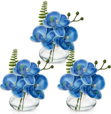 Künstliche Orchideen 3er Set Dekoblumen Glasvase Wohnzimmer Bad Blau