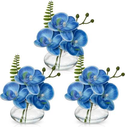 Künstliche Orchideen 3er Set Dekoblumen Glasvase Wohnzimmer Bad Blau