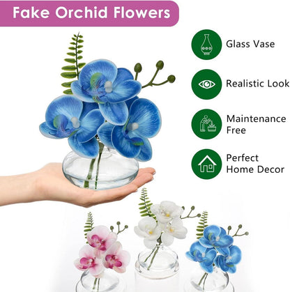 Kunstblumen Orchideen Set Dekoblumen Glasvase Blau Echtwirkung
