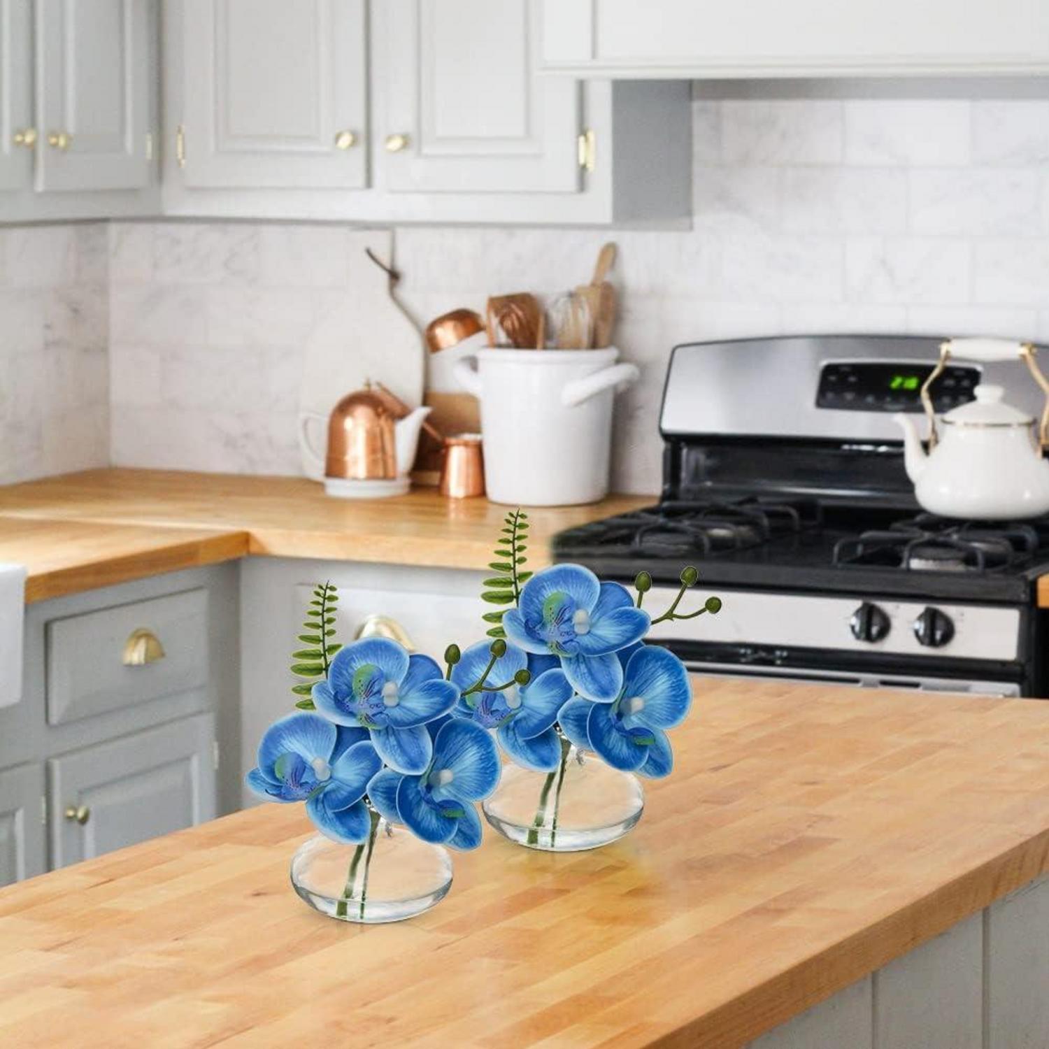 3er Set Kunstorchideen Phalaenopsis Dekoblumen mit Glasvase Blau