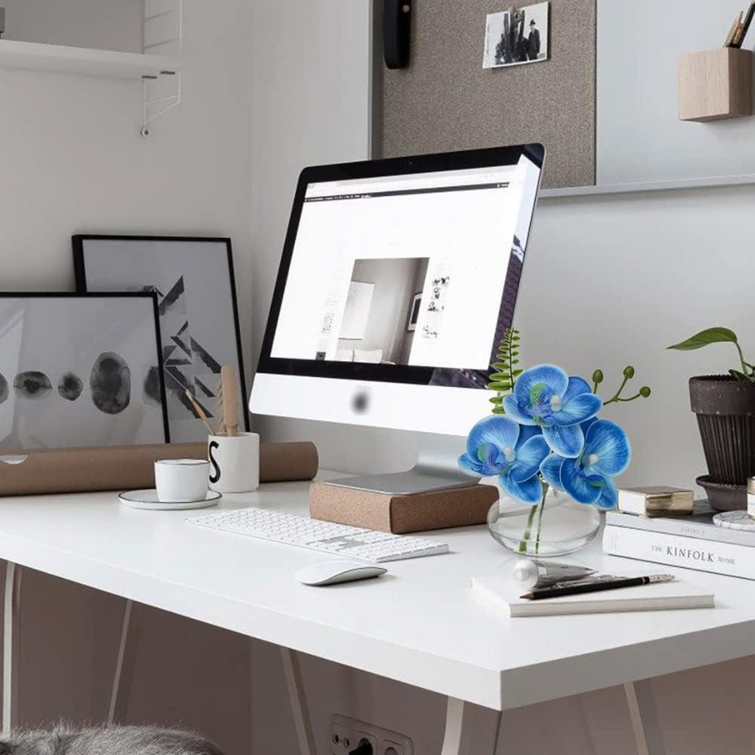 Kunstblumen Orchideen Set Dekoblumen Glasvase Blau Echtwirkung