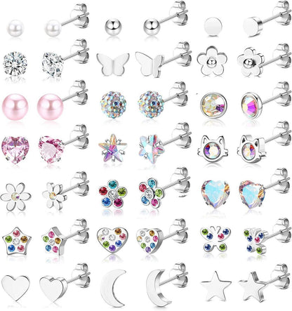21Paar Kleine Ohrstecker Set Chirurgenstahl Zirkonia Blume