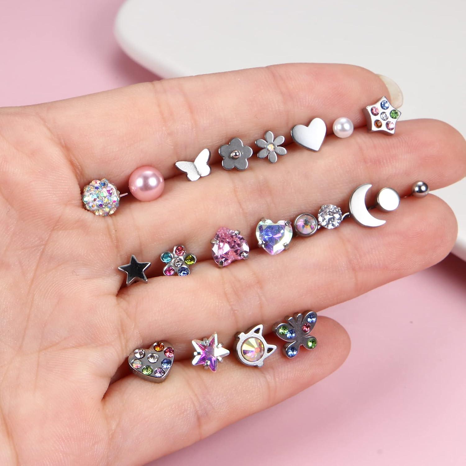 21Paar Kleine Ohrstecker Set Damen Mädchen Chirurgenstahl Zirkonia Blume