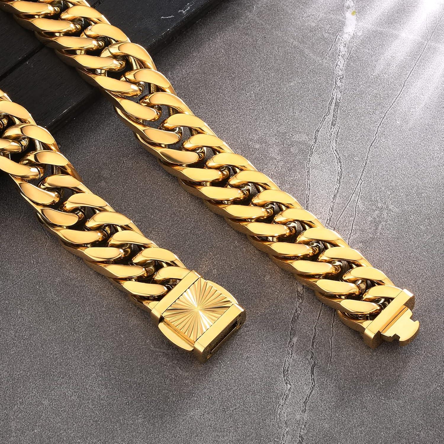 Hochwertiges 14mm Gold Armband Cuban Link Chain Herren Edelstahl 55.9cm