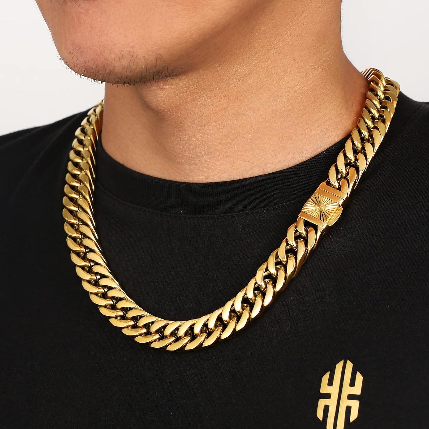 KRKC&CO Panzerkette Armband Herren Edelstahl Gold Cuban Chain 55,9 cm 14mm Golden