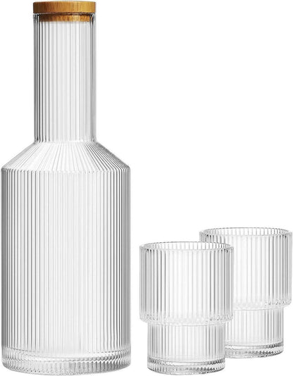 Glas-Nachttisch-Wasserkaraffe Set mit Glaskaraffe, 765ml, geripptes