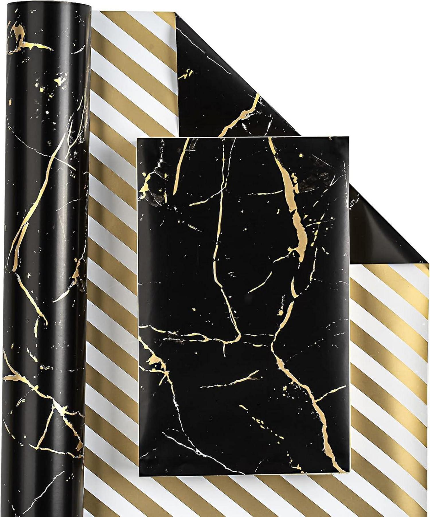 Wendbares Geschenkpapier Schwarz-Goldenes Marmordesign 10 m
