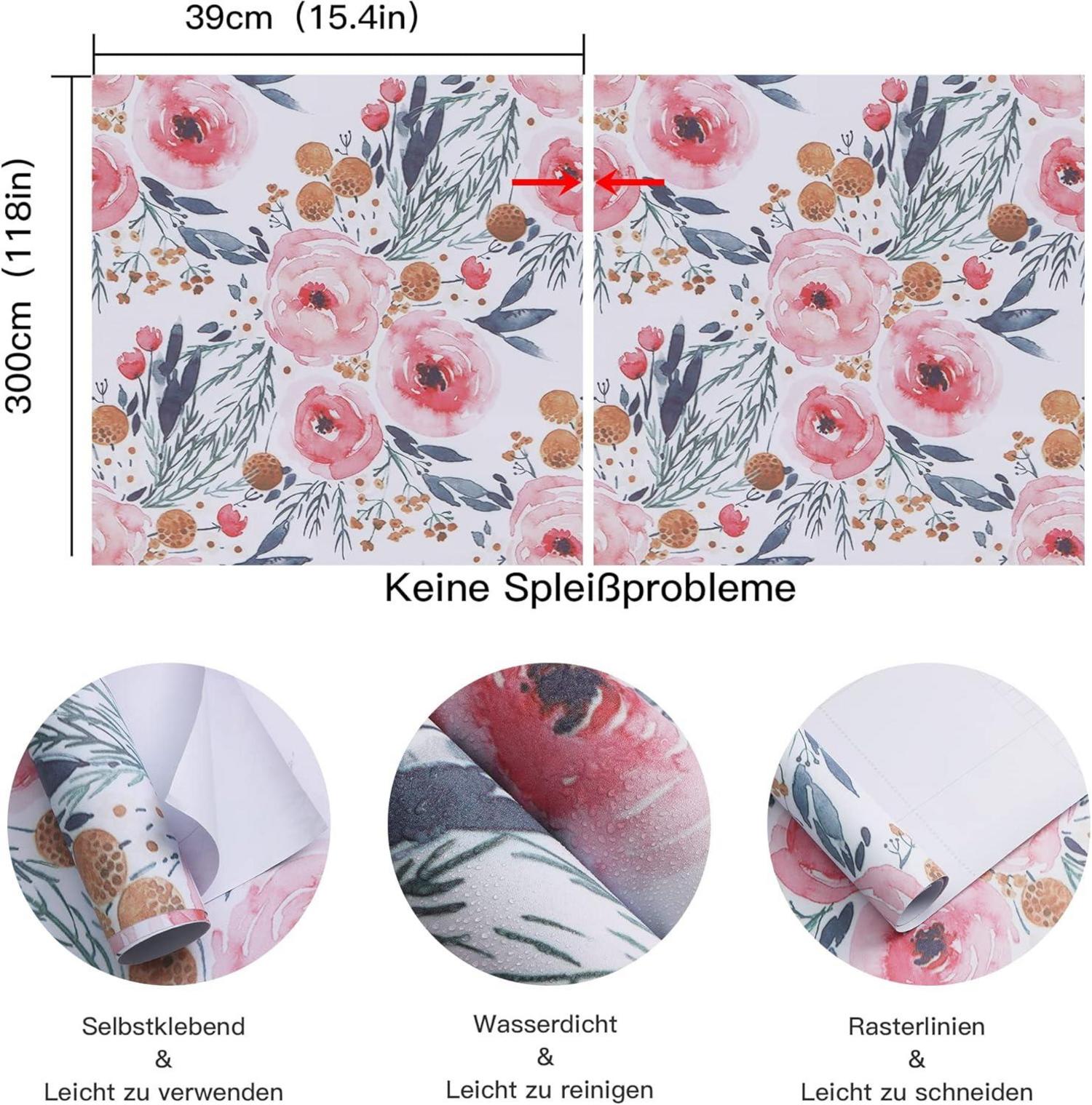Selbstklebende Tapete Blumen 39×500cm Rosa Weiß Vinyl