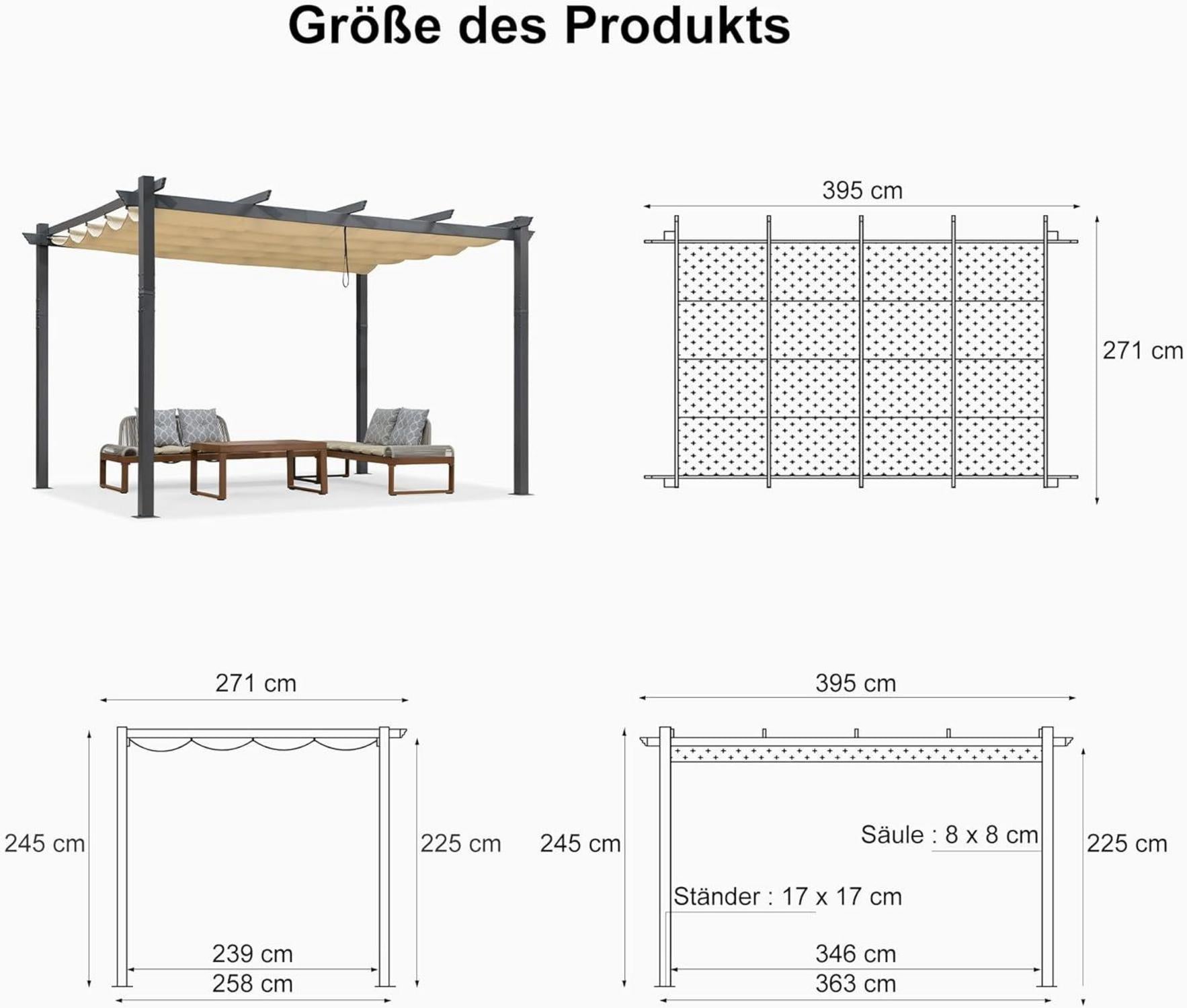 Pergola 2.8 x 4m Wasserdicht Winterfest Aluminium Schiebedach Beige
