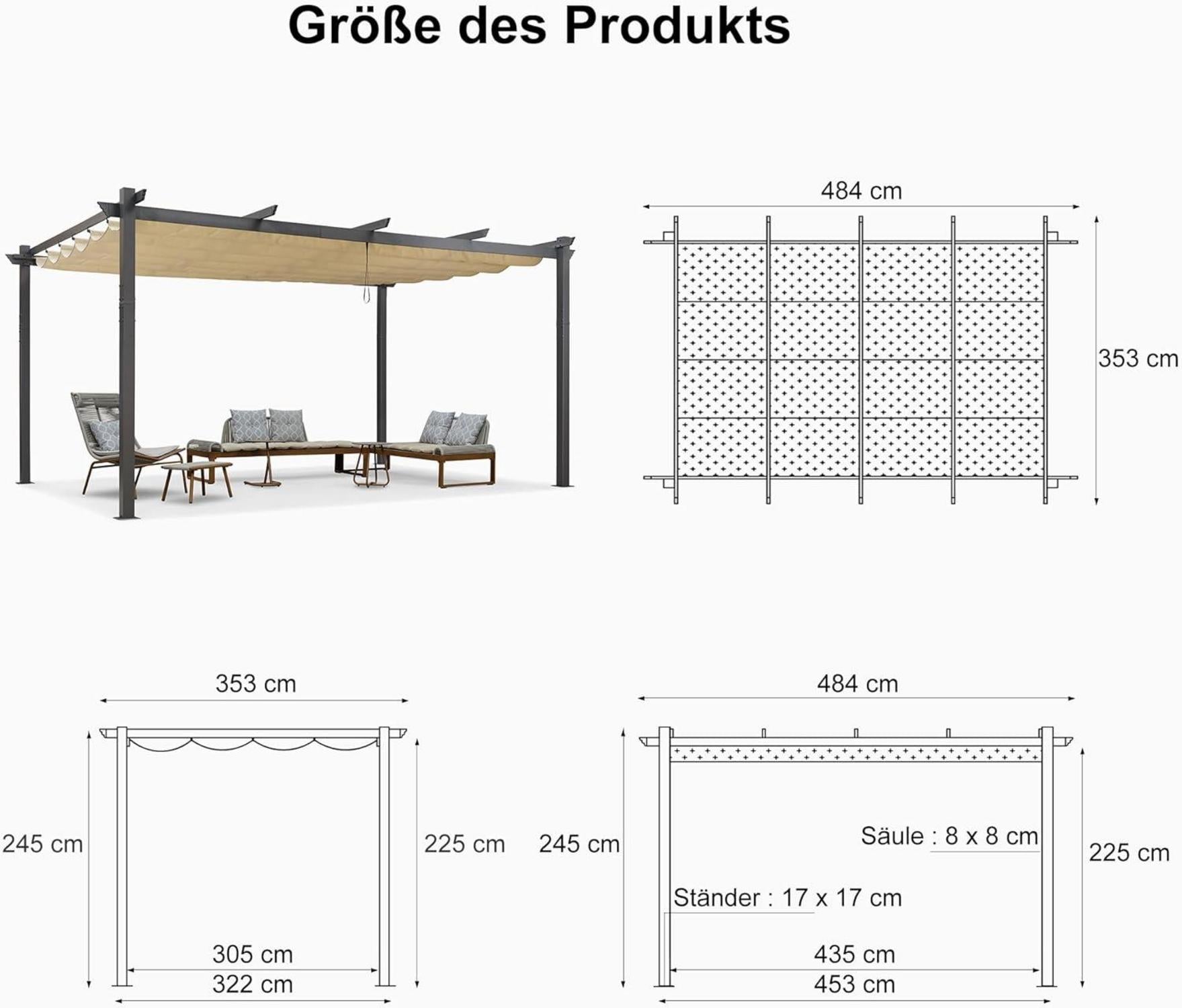 Pergola 3.65x4.85m Wasserdicht Stabil Winterfest Aluminium Beige