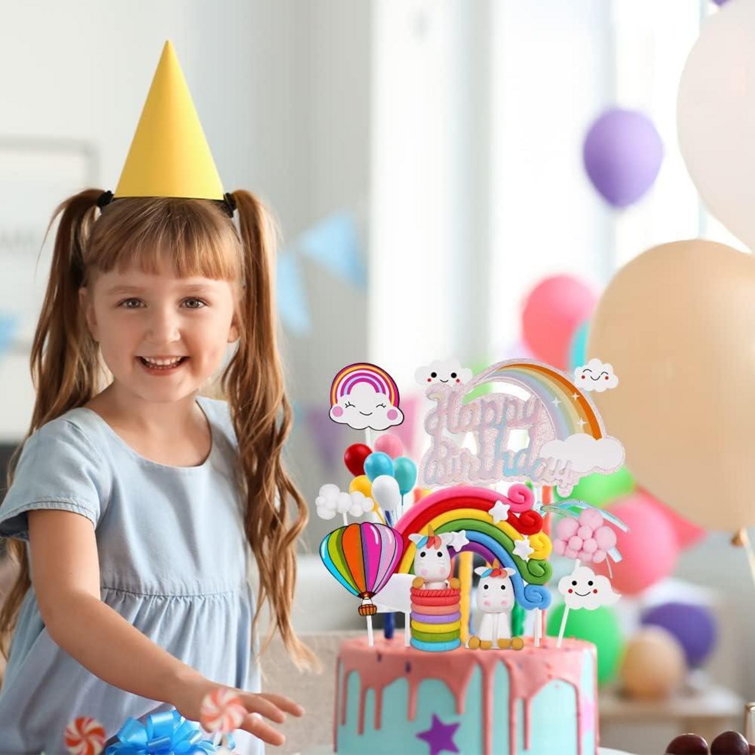 Einhorn Tortendeko Geburtstag Kuchendeko Happy Birthday Kuchen Topper Regenbogen Wolke Balloon Kinder Mädchen Junge