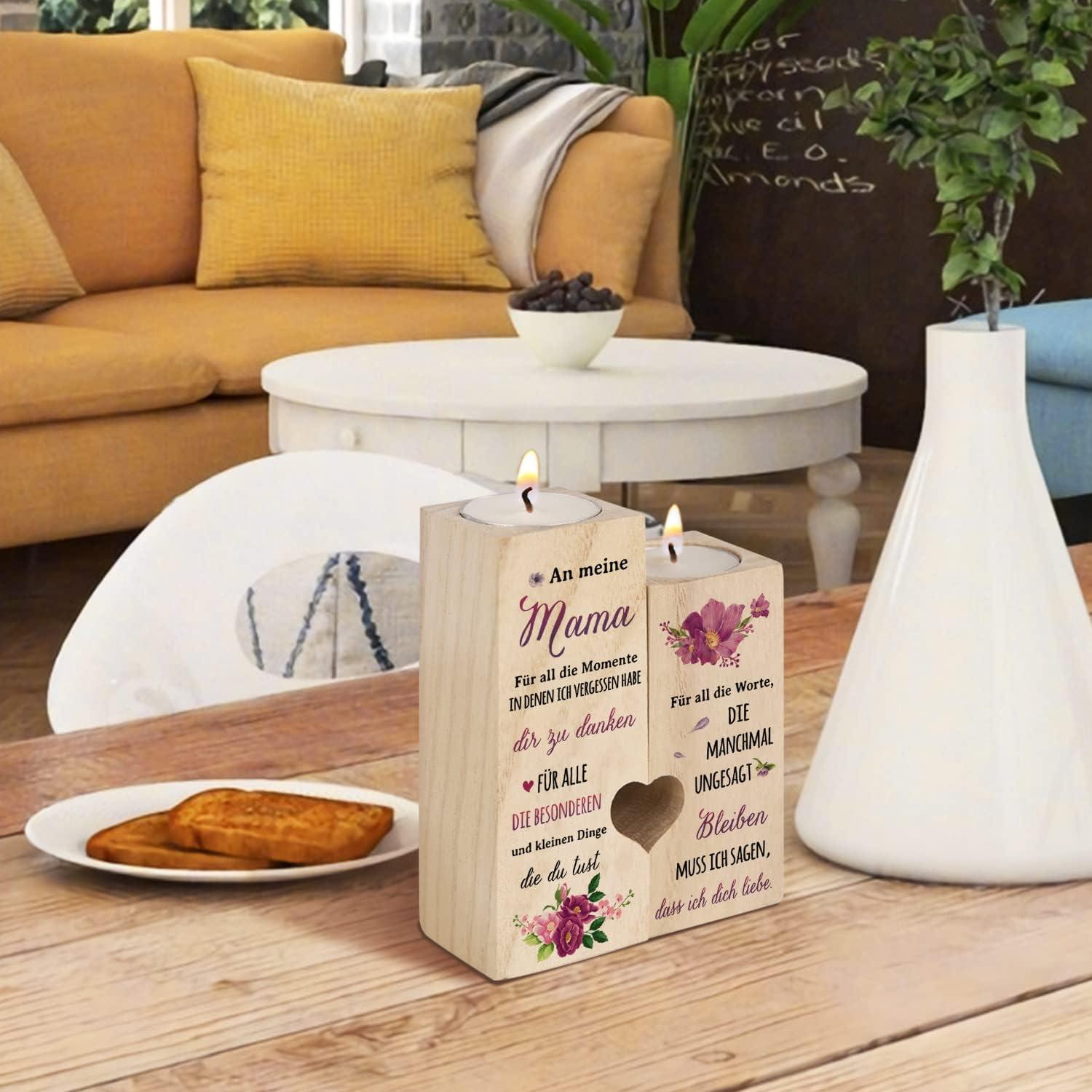 Personalisierter Mama Kerzenhalter mit Holzdesign und 2 Kerzen