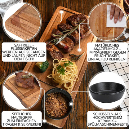 Servierbrett Akazienholz FSC® zertifiziert mit Saucen Schüsseln 2er Set