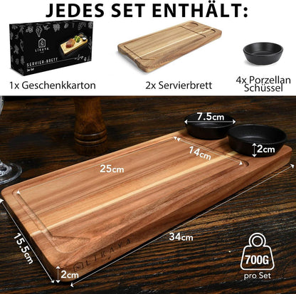 Servierbrett 2er Set Akazien-Holz mit Saucen Schüsseln - Grill Zubehör