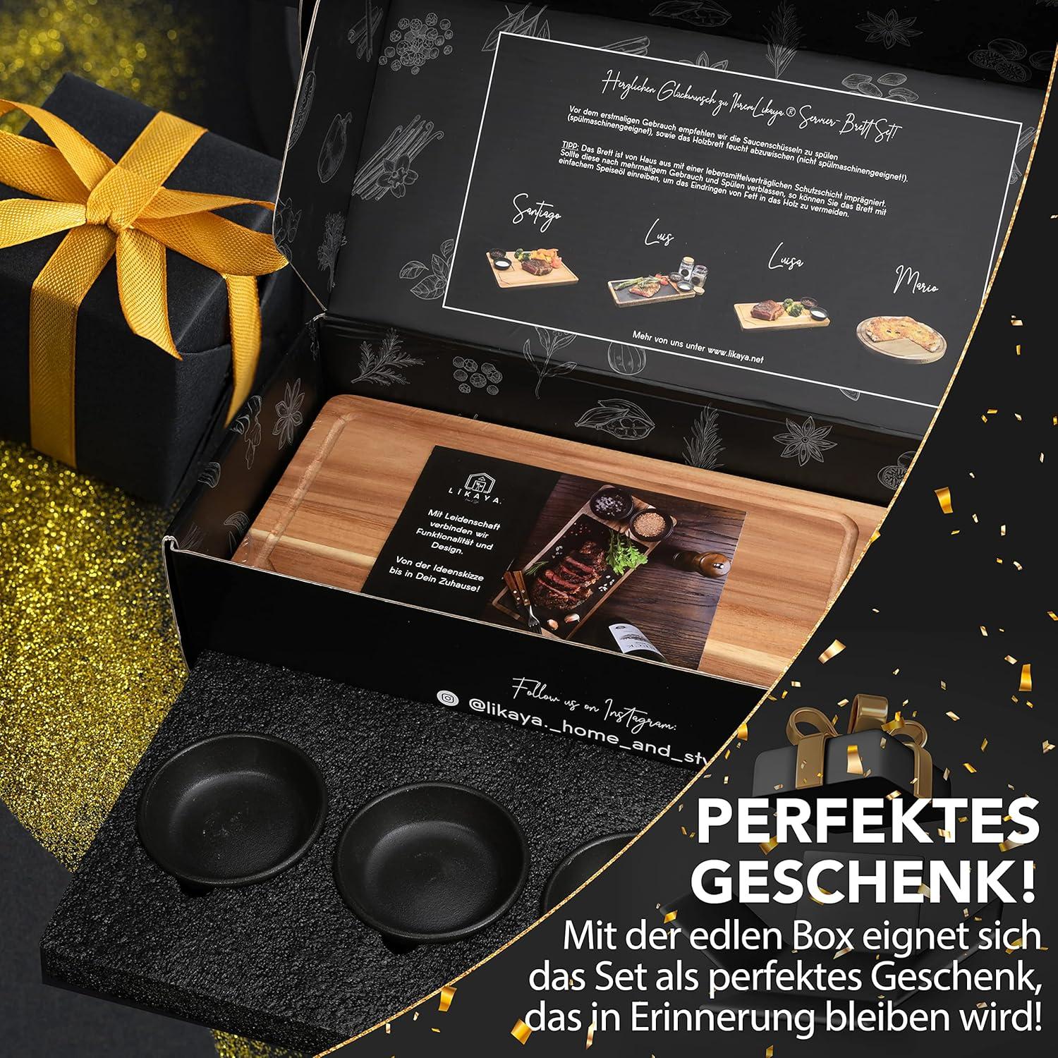 Servierbrett 2er Set Akazien-Holz mit Saucen Schüsseln - Grill Zubehör